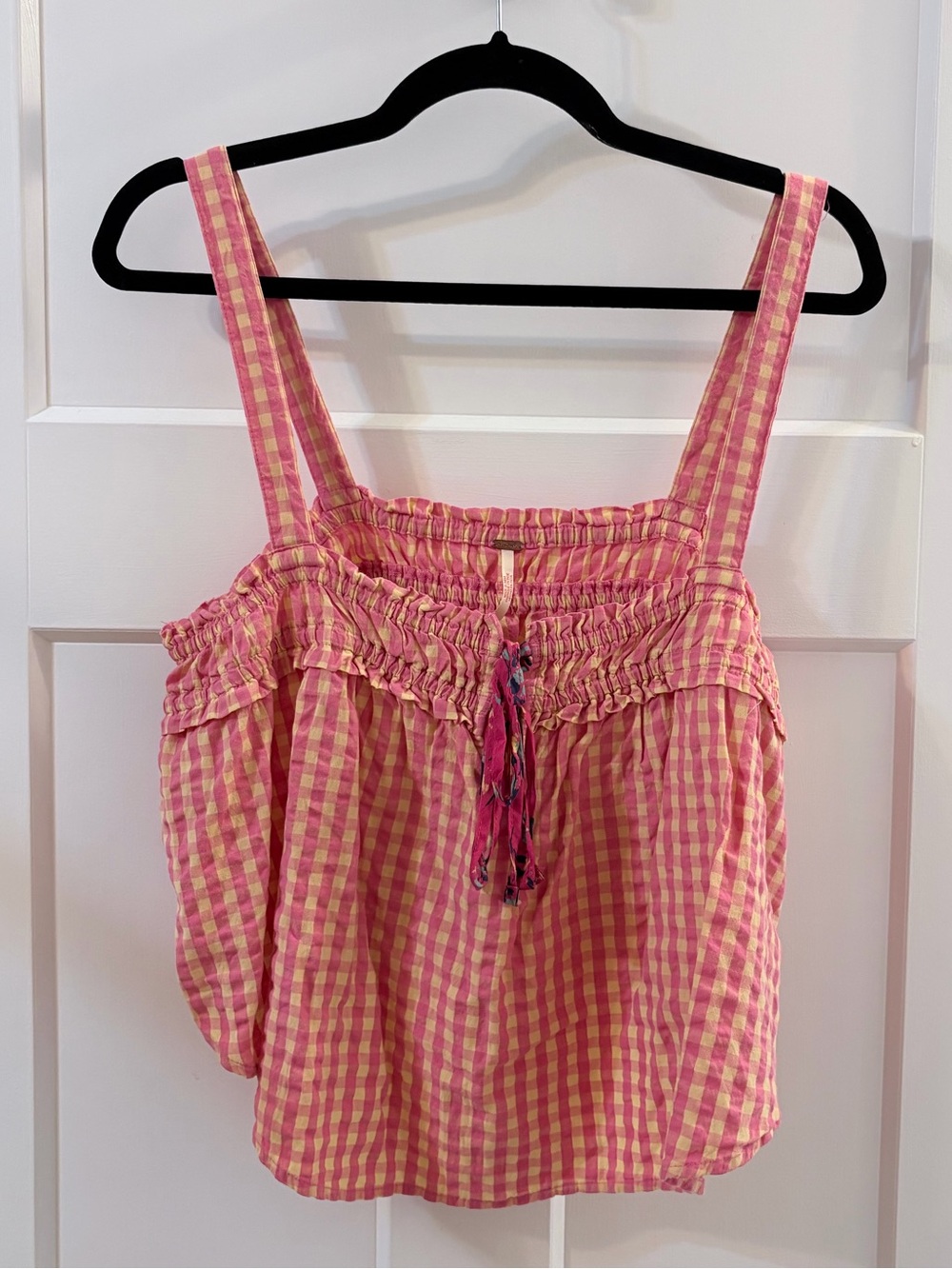 Free People Pink and Yellow Gingham Smocked Camisole